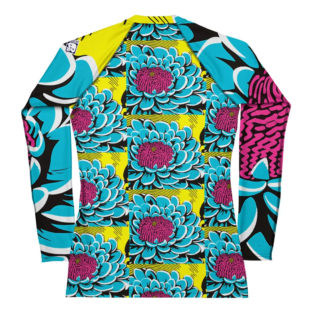 Women's Pop Art BJJ Long Sleeve Rash Guards - Roy Lichtenstein Inspired Dahlia Print 002