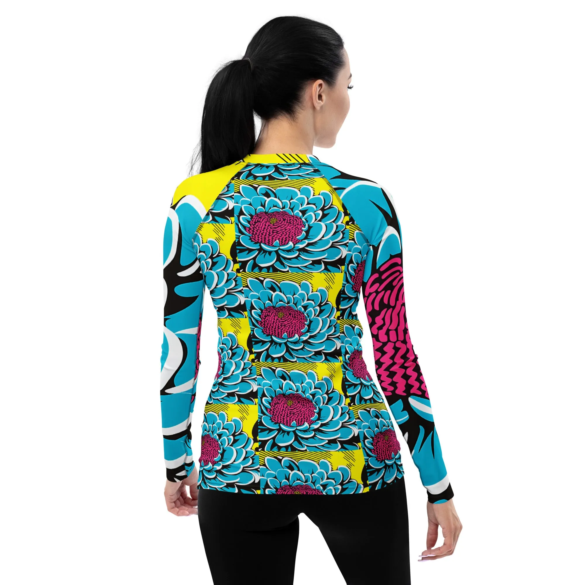 Women's Pop Art BJJ Long Sleeve Rash Guards - Roy Lichtenstein Inspired Dahlia Print 002