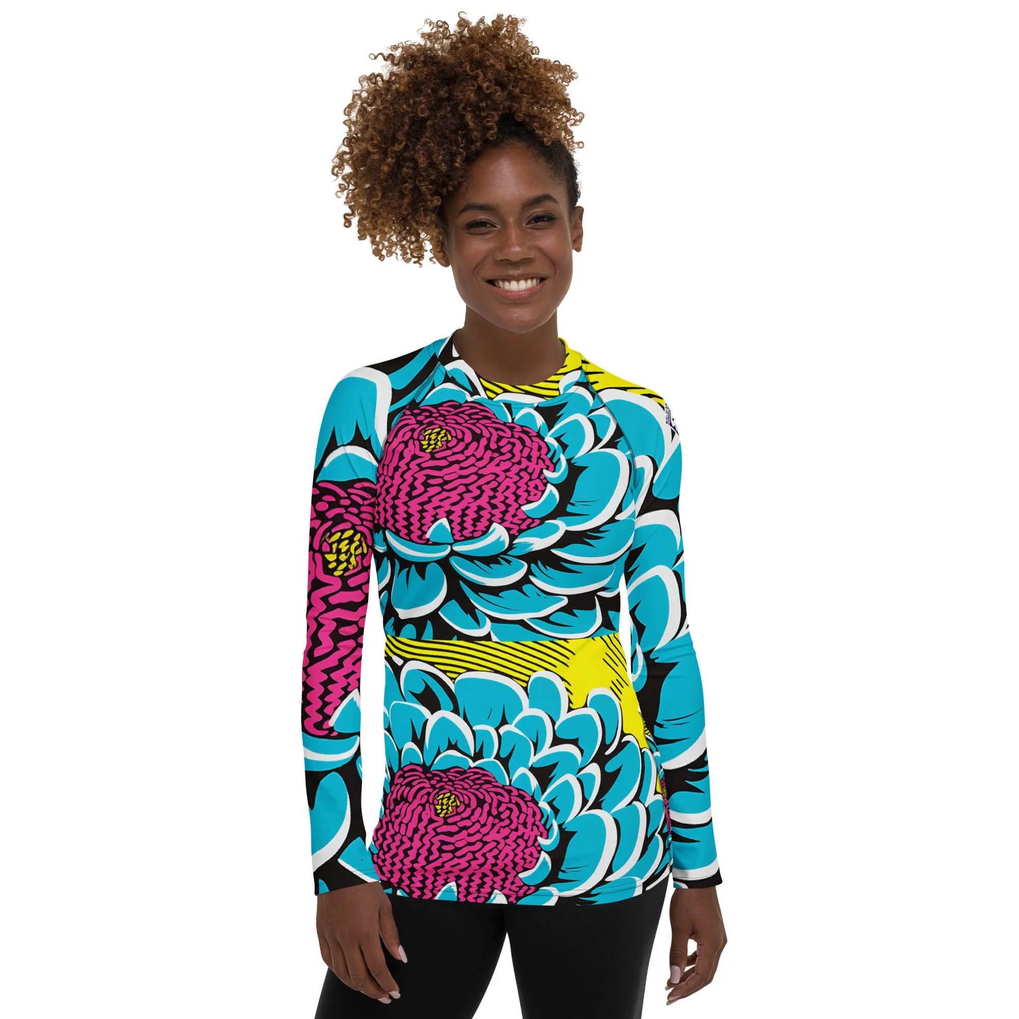 Women's Pop Art BJJ Long Sleeve Rash Guards - Roy Lichtenstein Inspired Dahlia Print 002