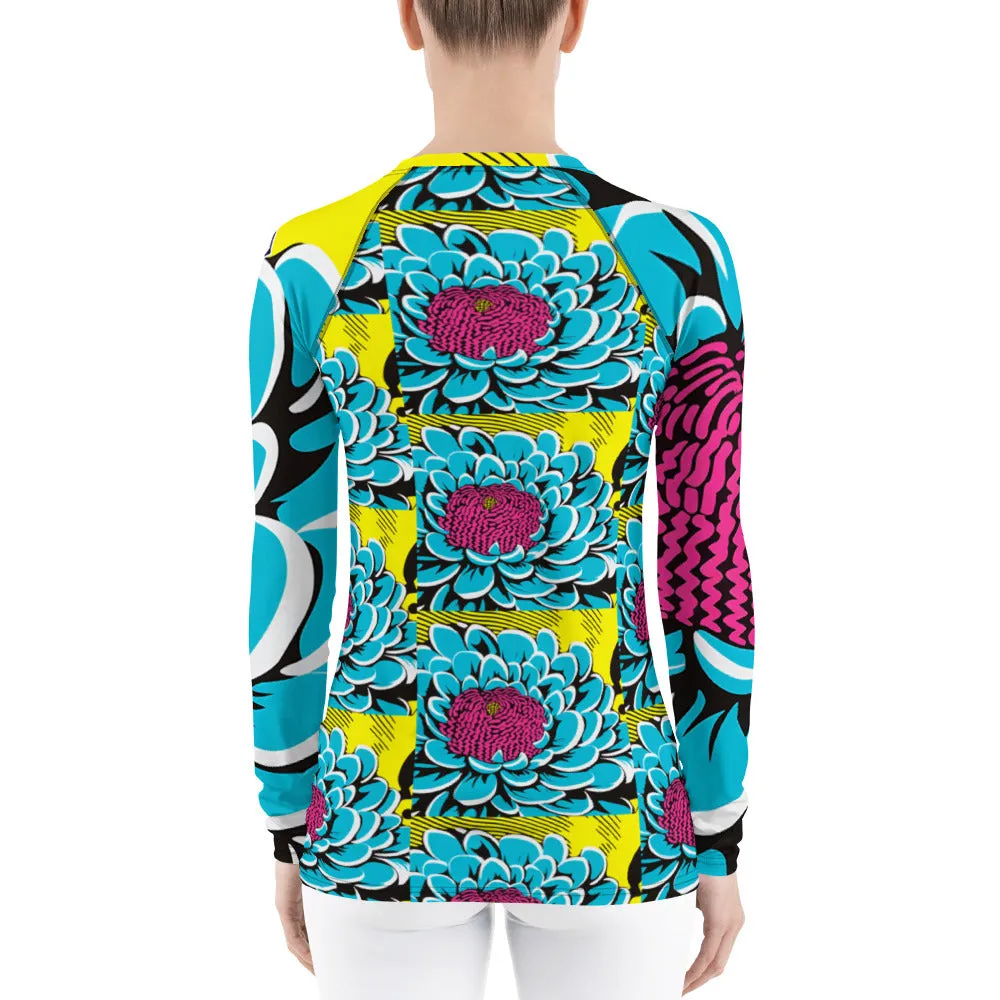 Women's Pop Art BJJ Long Sleeve Rash Guards - Roy Lichtenstein Inspired Dahlia Print 002