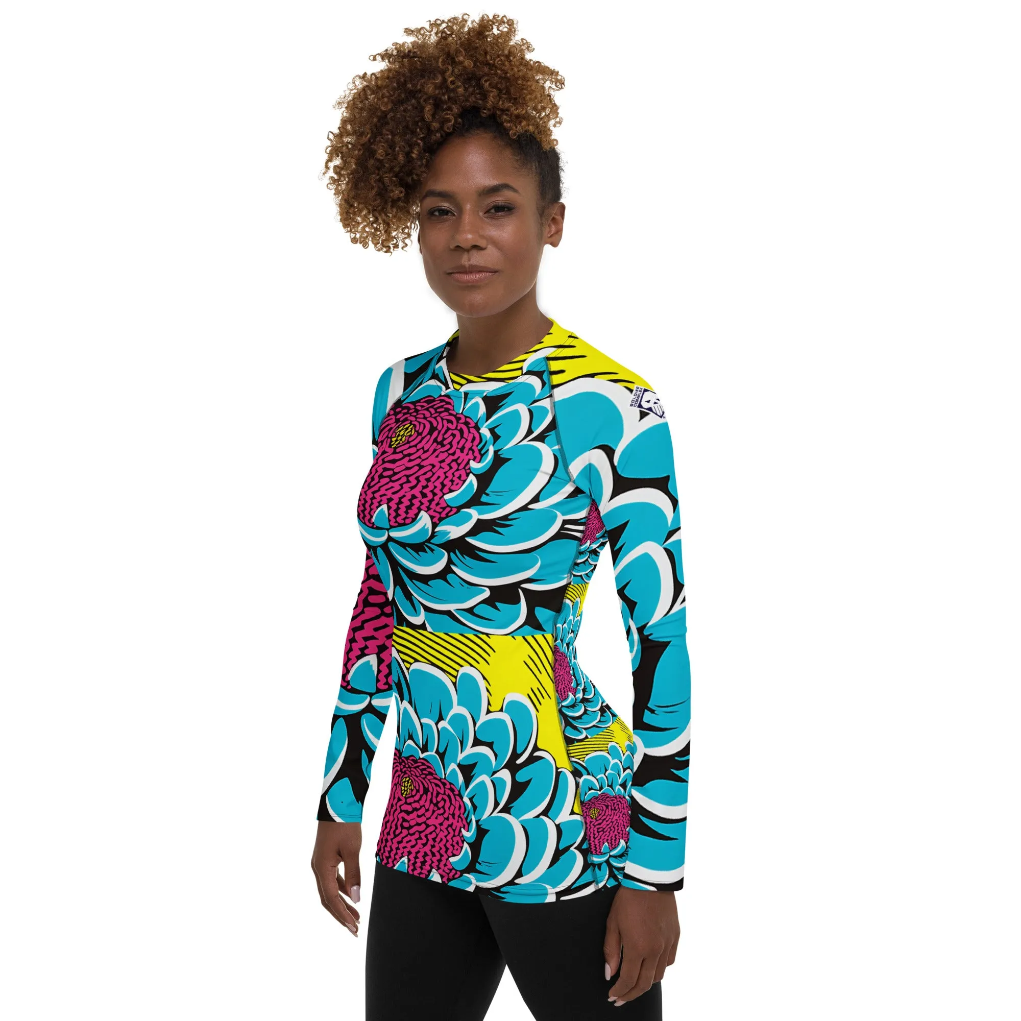 Women's Pop Art BJJ Long Sleeve Rash Guards - Roy Lichtenstein Inspired Dahlia Print 002