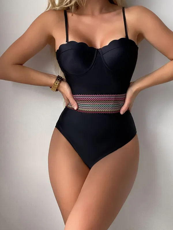 Women's Sexy Black Swimsuit With Striped Waistband