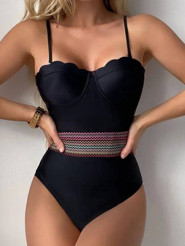 Women's Sexy Black Swimsuit With Striped Waistband